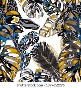 Beautiful seamless pattern with python and tropical leaves. Beautiful allover print with hand drawn exotic plants and snake. Swimwear botanical design. Vector	