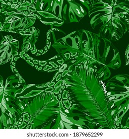 Beautiful seamless pattern with python and tropical leaves. Beautiful allover print with hand drawn exotic plants and snake. Swimwear botanical design. Vector	