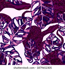 Beautiful seamless pattern with python and tropical leaves. Beautiful allover print with hand drawn exotic plants and snake. Swimwear botanical design. Vector	