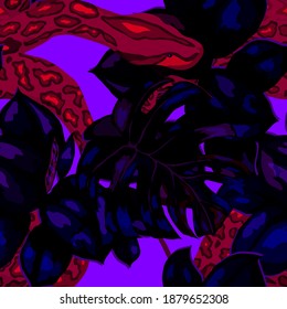 Beautiful seamless pattern with python and tropical leaves. Beautiful allover print with hand drawn exotic plants and snake. Swimwear botanical design. Vector	