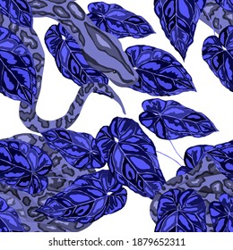 Beautiful seamless pattern with python and tropical leaves. Beautiful allover print with hand drawn exotic plants and snake. Swimwear botanical design. Vector	