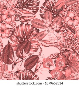 Beautiful seamless pattern with python and tropical leaves. Beautiful allover print with hand drawn exotic plants and snake. Swimwear botanical design. Vector	