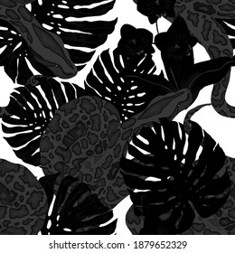 Beautiful seamless pattern with python and tropical leaves. Beautiful allover print with hand drawn exotic plants and snake. Swimwear botanical design. Vector	