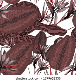 Beautiful seamless pattern with python and tropical leaves. Beautiful allover print with hand drawn exotic plants and snake. Swimwear botanical design. Vector	