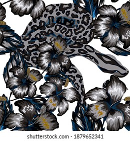 Beautiful seamless pattern with python and tropical leaves. Beautiful allover print with hand drawn exotic plants and snake. Swimwear botanical design. Vector	