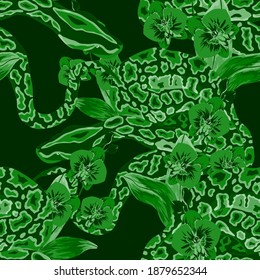 Beautiful seamless pattern with python and tropical leaves. Beautiful allover print with hand drawn exotic plants and snake. Swimwear botanical design. Vector	