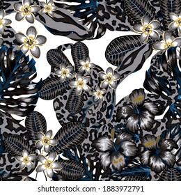 Beautiful seamless pattern with python and tropical leaves. Beautiful allover print with hand drawn exotic plants and snake. Swimwear botanical design. Vector	