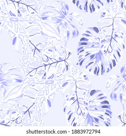 Beautiful seamless pattern with python and tropical leaves. Beautiful allover print with hand drawn exotic plants and snake. Swimwear botanical design. Vector	