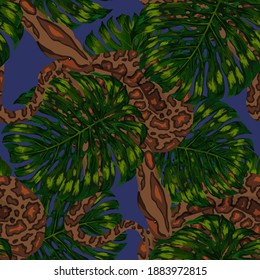 Beautiful seamless pattern with python and tropical leaves. Beautiful allover print with hand drawn exotic plants and snake. Swimwear botanical design. Vector	