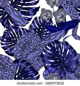 Beautiful seamless pattern with python and tropical leaves. Beautiful allover print with hand drawn exotic plants and snake. Swimwear botanical design. Vector	