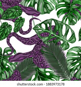 Beautiful seamless pattern with python and tropical leaves. Beautiful allover print with hand drawn exotic plants and snake. Swimwear botanical design. Vector	