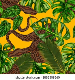 Beautiful seamless pattern with python and tropical leaves. Beautiful allover print with hand drawn exotic plants and snake. Swimwear botanical design. Vector	