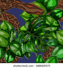 Beautiful seamless pattern with python and tropical leaves. Beautiful allover print with hand drawn exotic plants and snake. Swimwear botanical design. Vector	