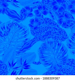 Beautiful seamless pattern with python and tropical leaves. Beautiful allover print with hand drawn exotic plants and snake. Swimwear botanical design. Vector	