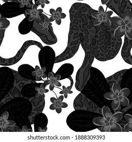 Beautiful seamless pattern with python and tropical leaves. Beautiful allover print with hand drawn exotic plants and snake. Swimwear botanical design. Vector	