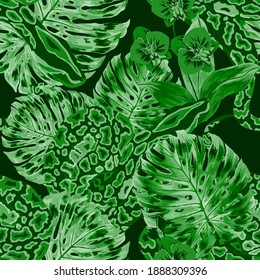 Beautiful seamless pattern with python and tropical leaves. Beautiful allover print with hand drawn exotic plants and snake. Swimwear botanical design. Vector	