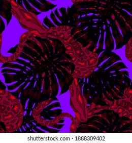 Beautiful seamless pattern with python and tropical leaves. Beautiful allover print with hand drawn exotic plants and snake. Swimwear botanical design. Vector	