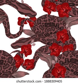 Beautiful seamless pattern with python and tropical leaves. Beautiful allover print with hand drawn exotic plants and snake. Swimwear botanical design. Vector	