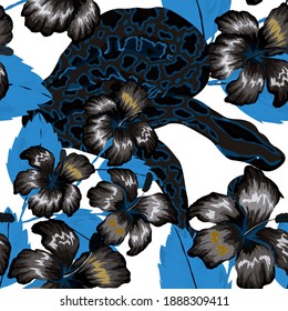 Beautiful seamless pattern with python and tropical leaves. Beautiful allover print with hand drawn exotic plants and snake. Swimwear botanical design. Vector	