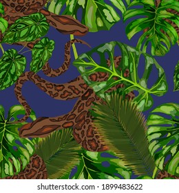 Beautiful seamless pattern with python and tropical leaves. Beautiful allover print with hand drawn exotic plants and snake. Swimwear botanical design. Vector	