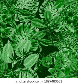 Beautiful seamless pattern with python and tropical leaves. Beautiful allover print with hand drawn exotic plants and snake. Swimwear botanical design. Vector	