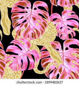 Beautiful seamless pattern with python and tropical leaves. Beautiful allover print with hand drawn exotic plants and snake. Swimwear botanical design. Vector	
