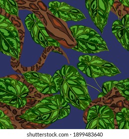Beautiful seamless pattern with python and tropical leaves. Beautiful allover print with hand drawn exotic plants and snake. Swimwear botanical design. Vector	