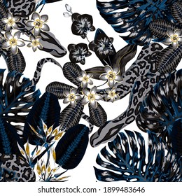 Beautiful seamless pattern with python and tropical leaves. Beautiful allover print with hand drawn exotic plants and snake. Swimwear botanical design. Vector	