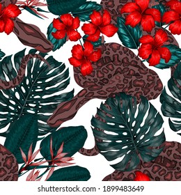 Beautiful seamless pattern with python and tropical leaves. Beautiful allover print with hand drawn exotic plants and snake. Swimwear botanical design. Vector	