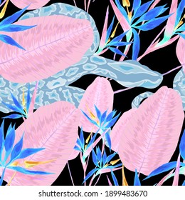 Beautiful seamless pattern with python and tropical leaves. Beautiful allover print with hand drawn exotic plants and snake. Swimwear botanical design. Vector	