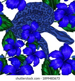 Beautiful seamless pattern with python and tropical leaves. Beautiful allover print with hand drawn exotic plants and snake. Swimwear botanical design. Vector	
