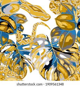 Beautiful seamless pattern with python and tropical leaves. Beautiful allover print with hand drawn exotic plants and snake. Swimwear botanical design. Vector	
