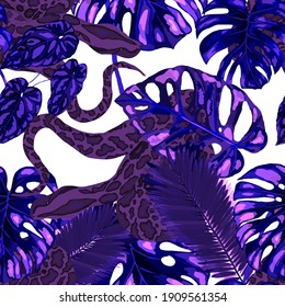 Beautiful seamless pattern with python and tropical leaves. Beautiful allover print with hand drawn exotic plants and snake. Swimwear botanical design. Vector	
