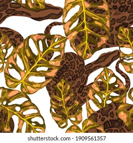 Beautiful seamless pattern with python and tropical leaves. Beautiful allover print with hand drawn exotic plants and snake. Swimwear botanical design. Vector	