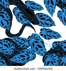 Beautiful seamless pattern with python and tropical leaves. Beautiful allover print with hand drawn exotic plants and snake. Swimwear botanical design. Vector	