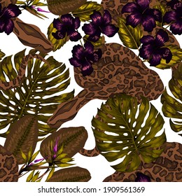 Beautiful seamless pattern with python and tropical leaves. Beautiful allover print with hand drawn exotic plants and snake. Swimwear botanical design. Vector	