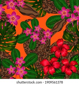 Beautiful seamless pattern with python and tropical leaves. Beautiful allover print with hand drawn exotic plants and snake. Swimwear botanical design. Vector	