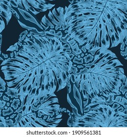 Beautiful seamless pattern with python and tropical leaves. Beautiful allover print with hand drawn exotic plants and snake. Swimwear botanical design. Vector	