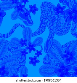Beautiful seamless pattern with python and tropical leaves. Beautiful allover print with hand drawn exotic plants and snake. Swimwear botanical design. Vector	