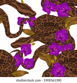 Beautiful seamless pattern with python and tropical leaves. Beautiful allover print with hand drawn exotic plants and snake. Swimwear botanical design. Vector	