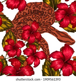 Beautiful seamless pattern with python and tropical leaves. Beautiful allover print with hand drawn exotic plants and snake. Swimwear botanical design. Vector	