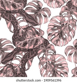 Beautiful seamless pattern with python and tropical leaves. Beautiful allover print with hand drawn exotic plants and snake. Swimwear botanical design. Vector	