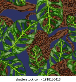 Beautiful seamless pattern with python and tropical leaves. Beautiful allover print with hand drawn exotic plants and snake. Swimwear botanical design. Vector	
