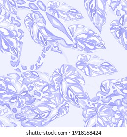 Beautiful seamless pattern with python and tropical leaves. Beautiful allover print with hand drawn exotic plants and snake. Swimwear botanical design. Vector	
