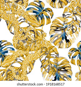 Beautiful seamless pattern with python and tropical leaves. Beautiful allover print with hand drawn exotic plants and snake. Swimwear botanical design. Vector	
