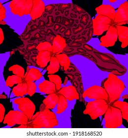 Beautiful seamless pattern with python and tropical leaves. Beautiful allover print with hand drawn exotic plants and snake. Swimwear botanical design. Vector	

