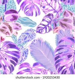 Beautiful seamless pattern with python and tropical leaves. Beautiful allover print with hand drawn exotic plants and snake. Swimwear botanical design. Vector	