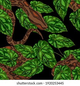 Beautiful seamless pattern with python and tropical leaves. Beautiful allover print with hand drawn exotic plants and snake. Swimwear botanical design. Vector	