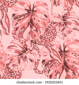 Beautiful seamless pattern with python and tropical leaves. Beautiful allover print with hand drawn exotic plants and snake. Swimwear botanical design. Vector	