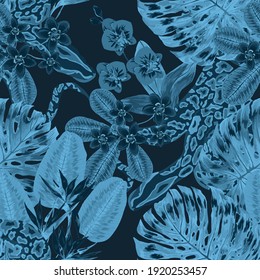 Beautiful seamless pattern with python and tropical leaves. Beautiful allover print with hand drawn exotic plants and snake. Swimwear botanical design. Vector	